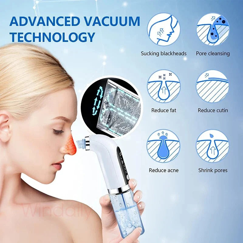 Woman using blackhead remover vacuum tool on nose